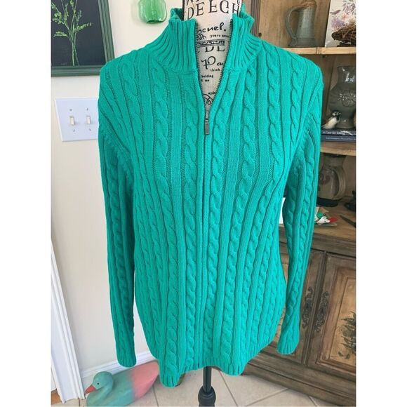 LL Bean Sweater Large Green Cable Knit Full Zip Cardigan - Picture 7 of 7